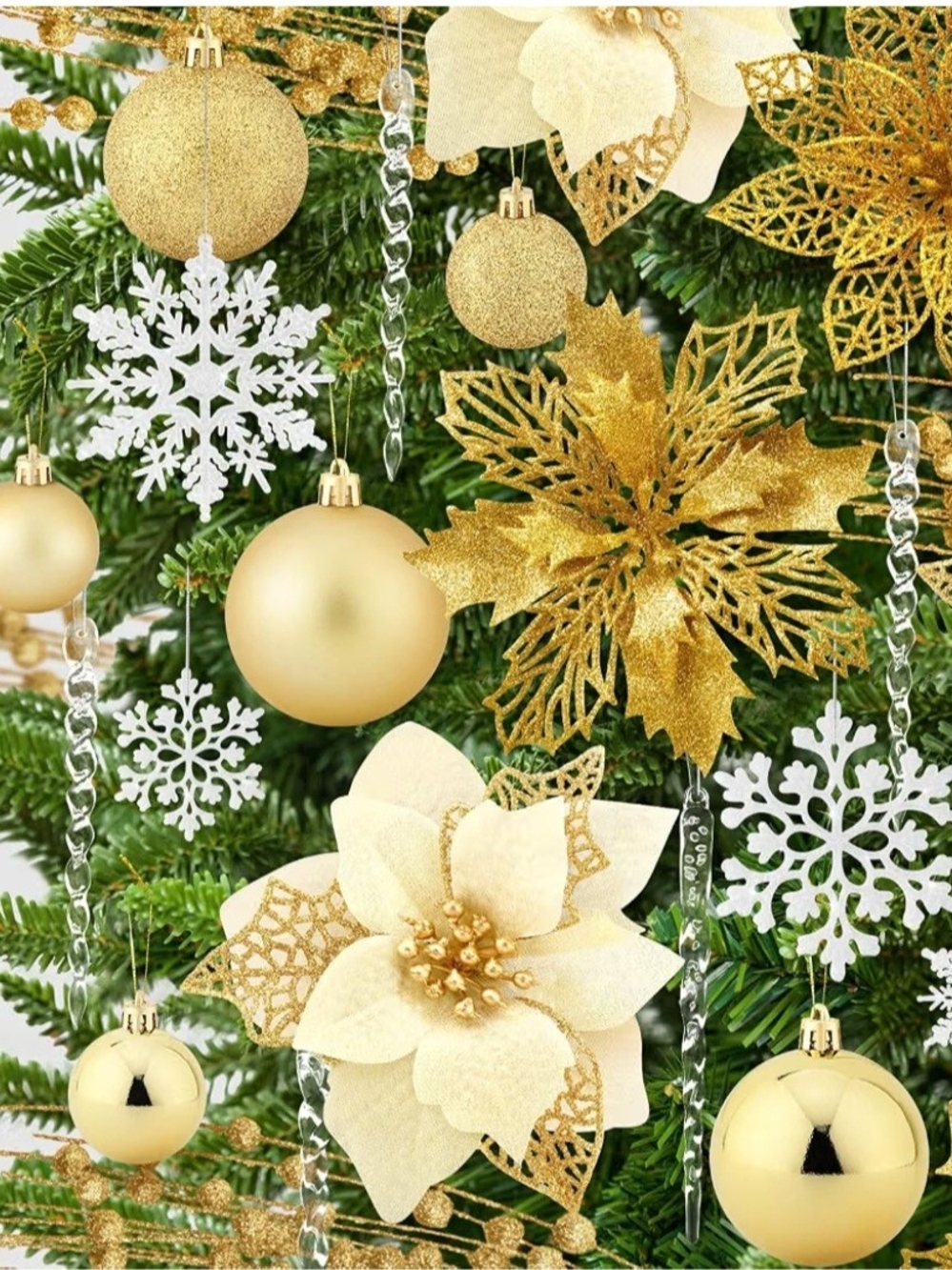 Gold and White Holiday Christmas Tree Ornament Set - 92 Pieces. NWT.